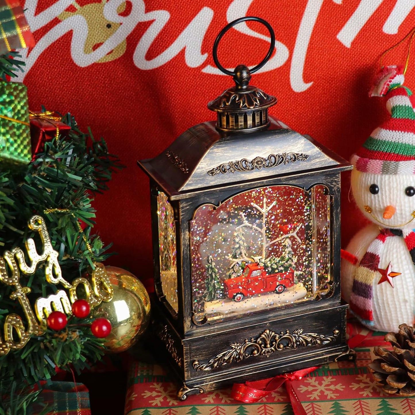 GenSwin Christmas Car Snow Globe Lantern Battery Operated Water Swirling Glitter with 6H Timer, Musical LED Lighted Scene for Christmas Home Decoration Gift