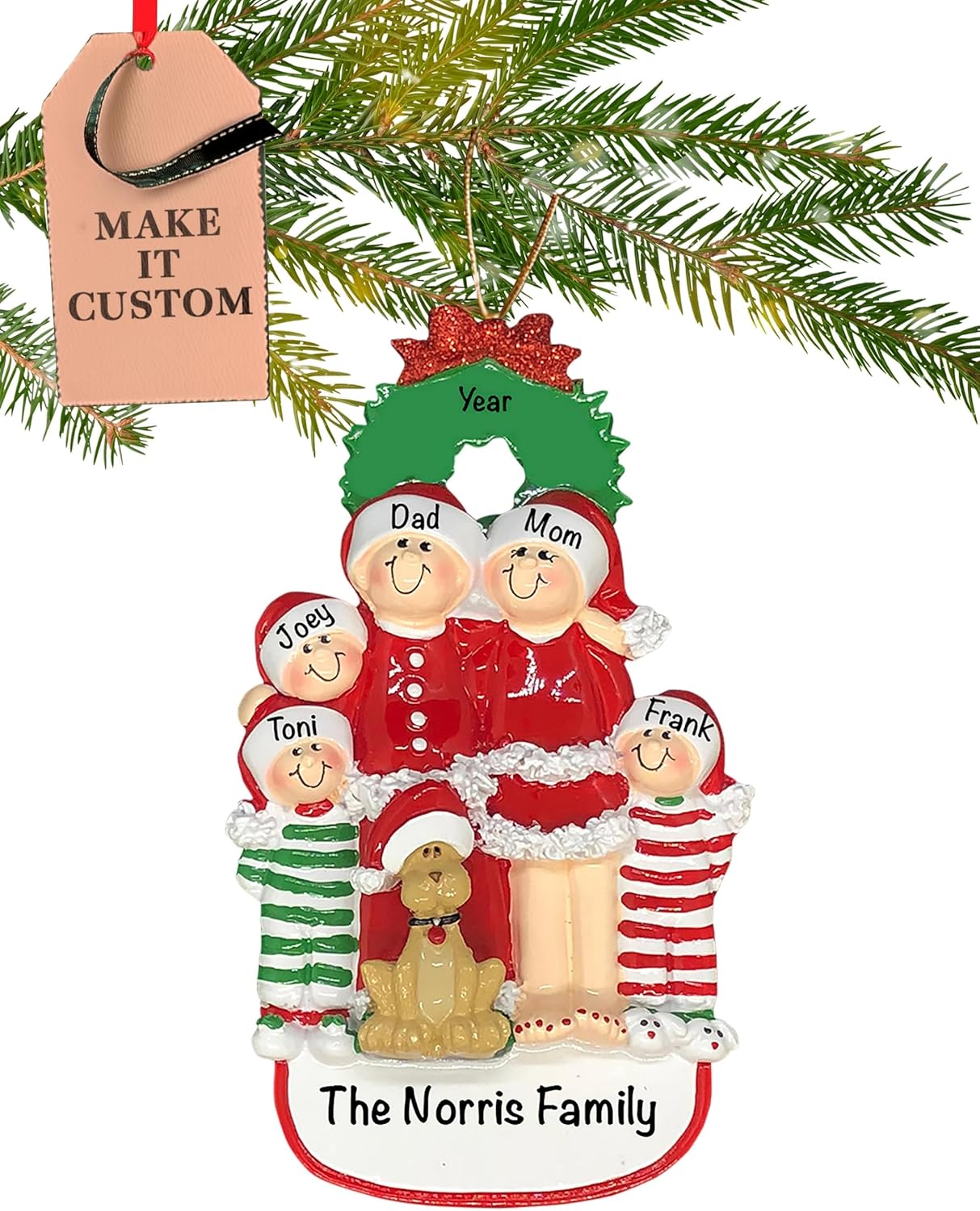 Personalized Family of 5 with Dog Ornament 2025 | Free 24h Customization | Christmas Ornaments for Tree | Custom Gift Wrapped Pet Keepsake for Dog-Lovers