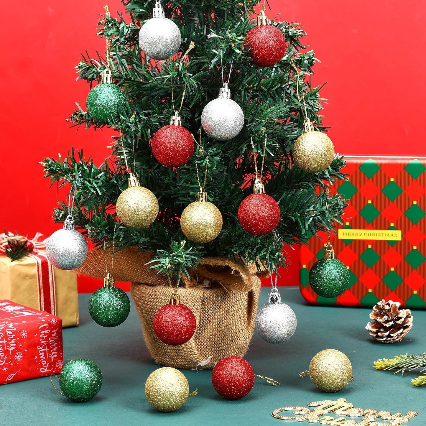 JULMELON 24PCS Christmas Ball Ornaments, Hanging Balls Shatterproof Decorations for Xmas Tree, Home Decor for Party, Holiday, Wedding, Anniversary, DIY Craft Decor Supplies (Glitter Surface)