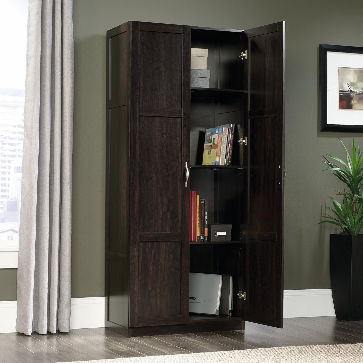 Sauder Storage Cabinet/ Pantry cabinets, 29.61 " x D: 16.02 " x H: 71.50", Cinnamon Cherry finish