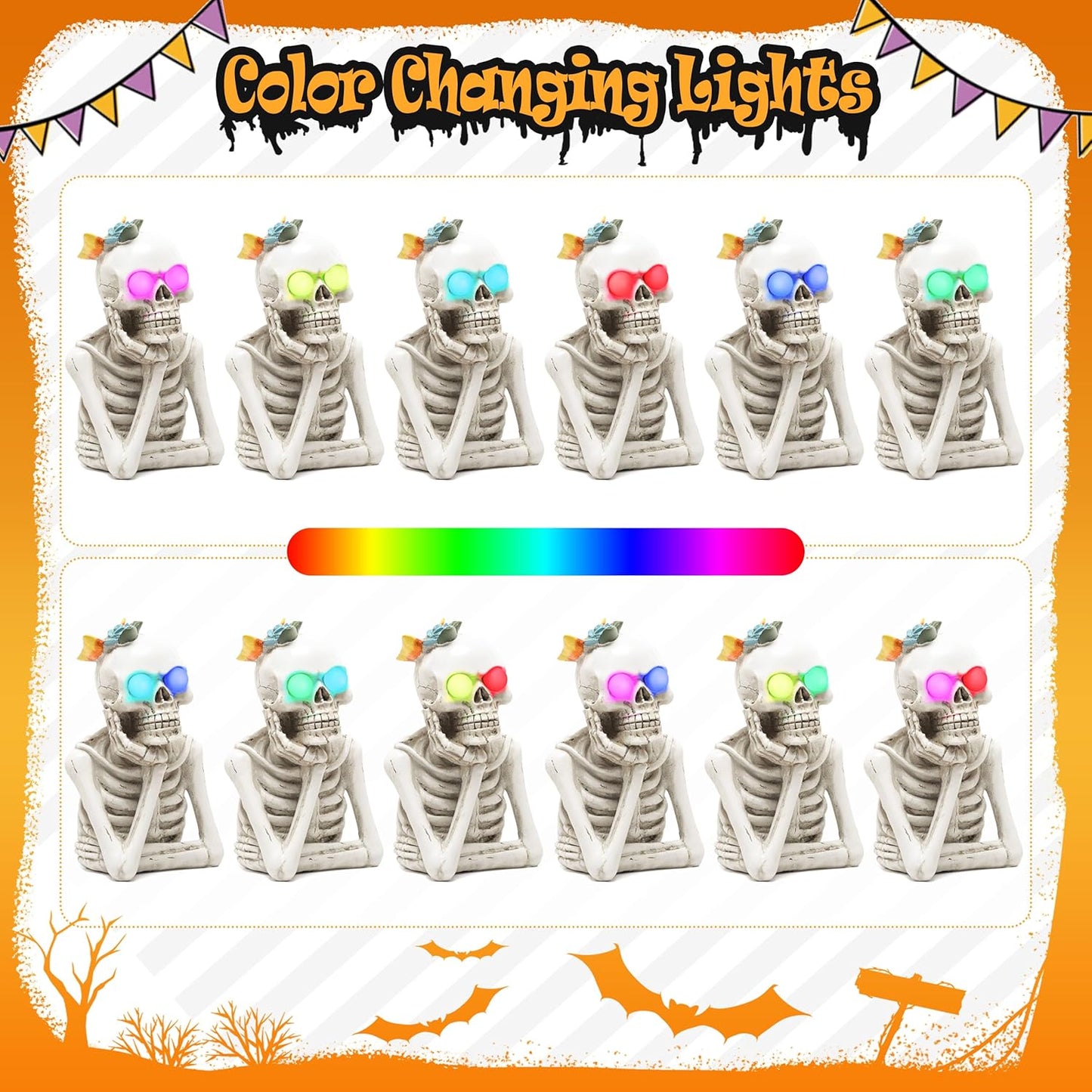 Halloween Skeleton Light Statue, Scary Resin Skull Figurines with Light Up Eyes Decorations for Home Table Kitchen Party Battery Operated Skull Lighting Changes Decor