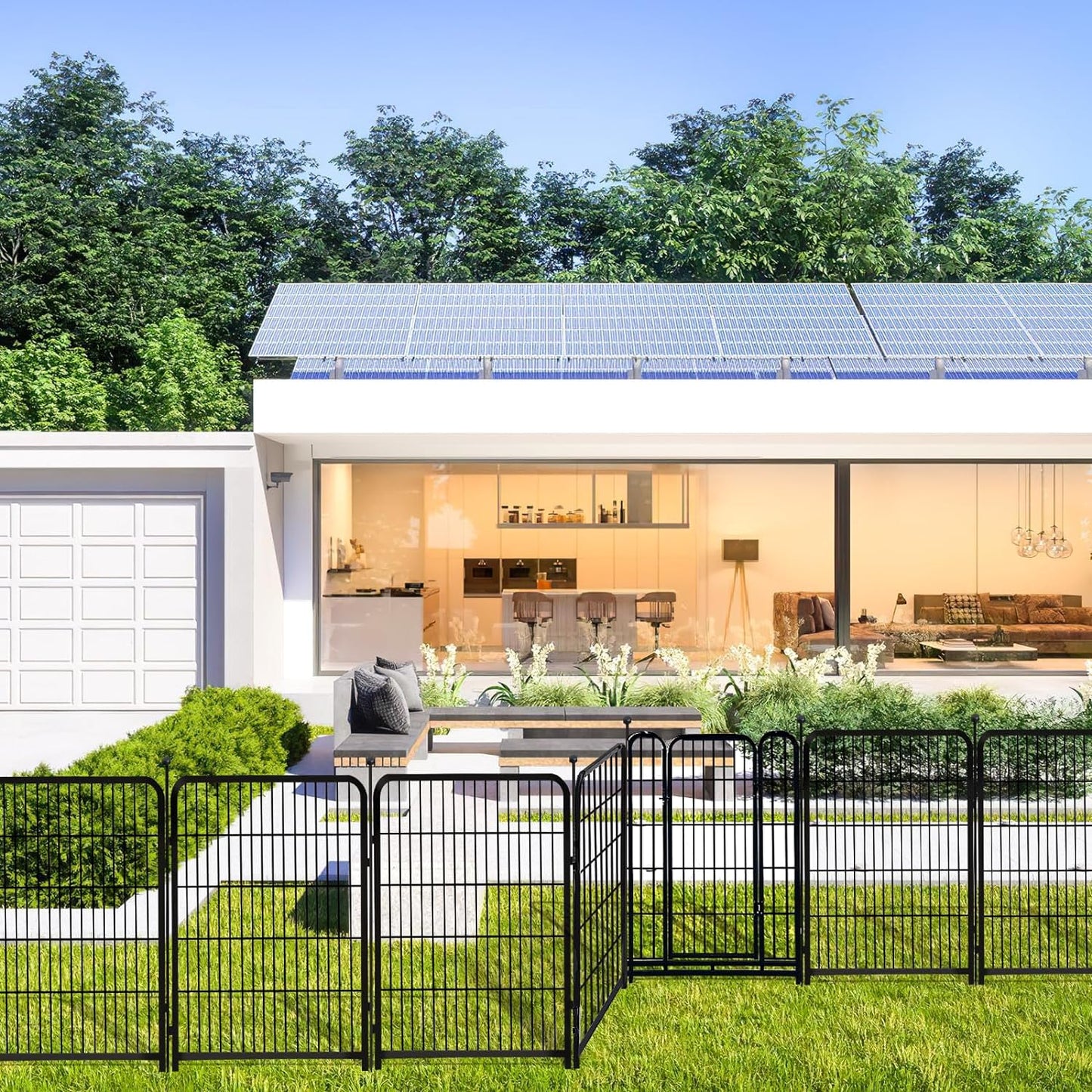 Garden Fence with Gate 36 in(H)×27 in(L) 14 Panels Total 31 Ft(L), Garden Fences and Borders for Dogs, Animal Barrier Fence, Black Metal Decorative Garden Fencing