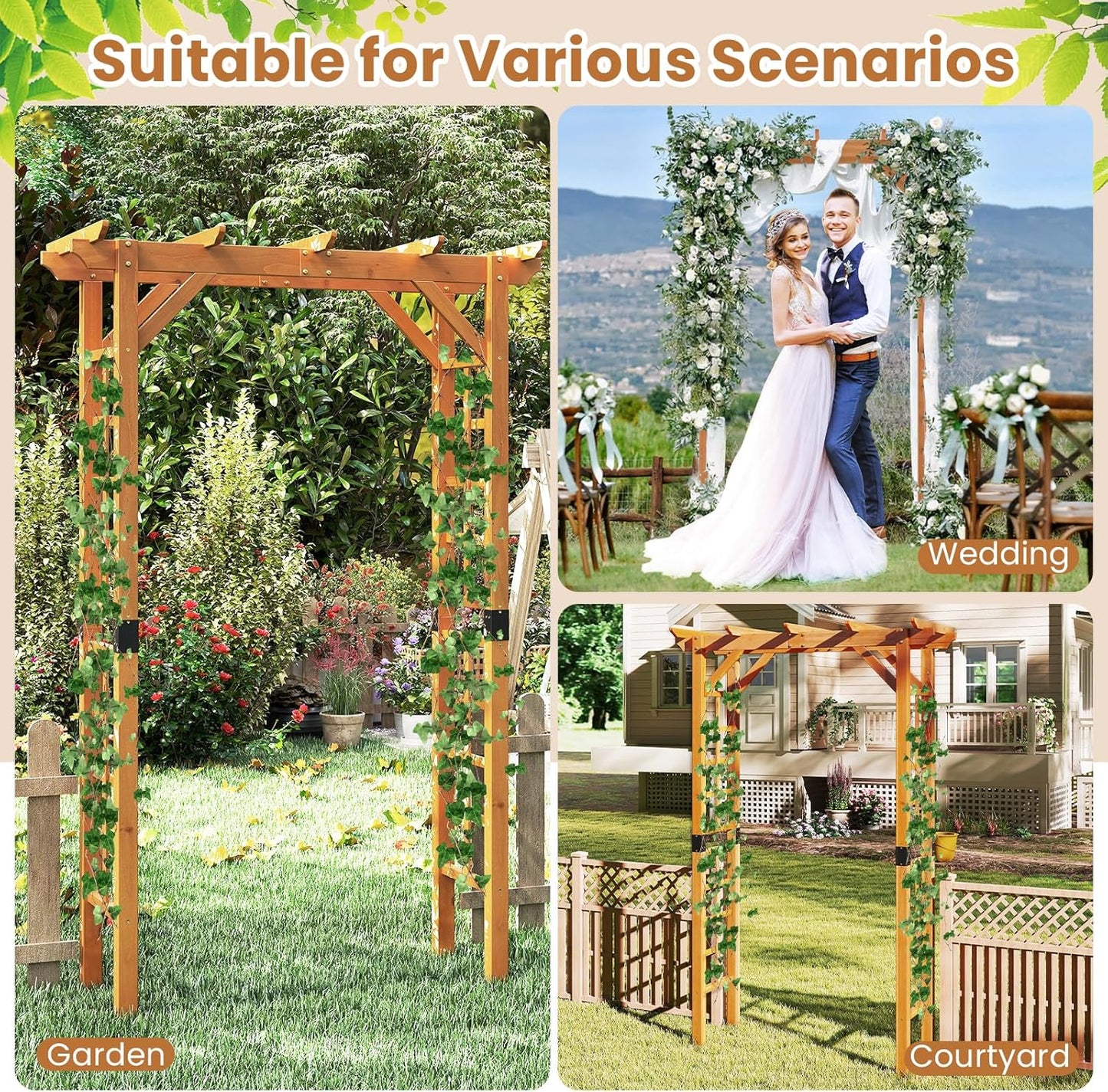 Giantex 7FT Wood Garden Arbor Trellis, Wooden Wedding Arch for Ceremony Party, Outdoor Archway Pergola for Climbing Plants, Pathway, Yard, Garden Decor, Easy Assembly (Honey Brown, 55''W x 85''H)