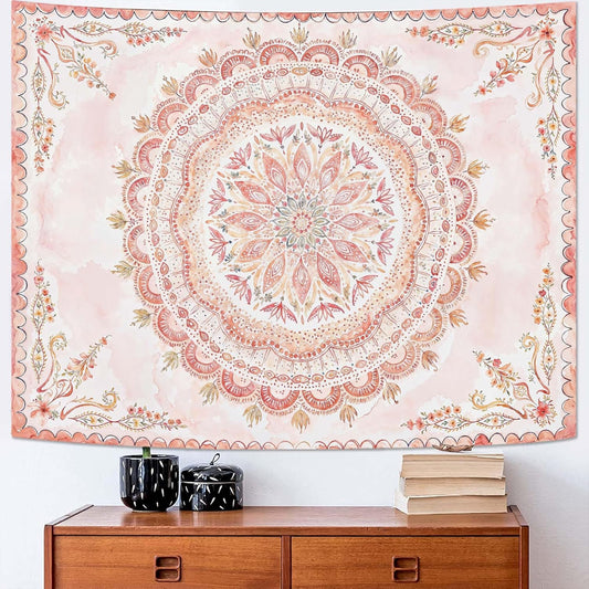 Fowocu Boho Floral Mandala Tapestry Wall Hanging Pink Bohemian Flower Medallion Tapestry Aesthetic Watercolor Hippie Indian Small Tapestries for Bedroom Living Room Dorm Decor 48 x 36 Inch