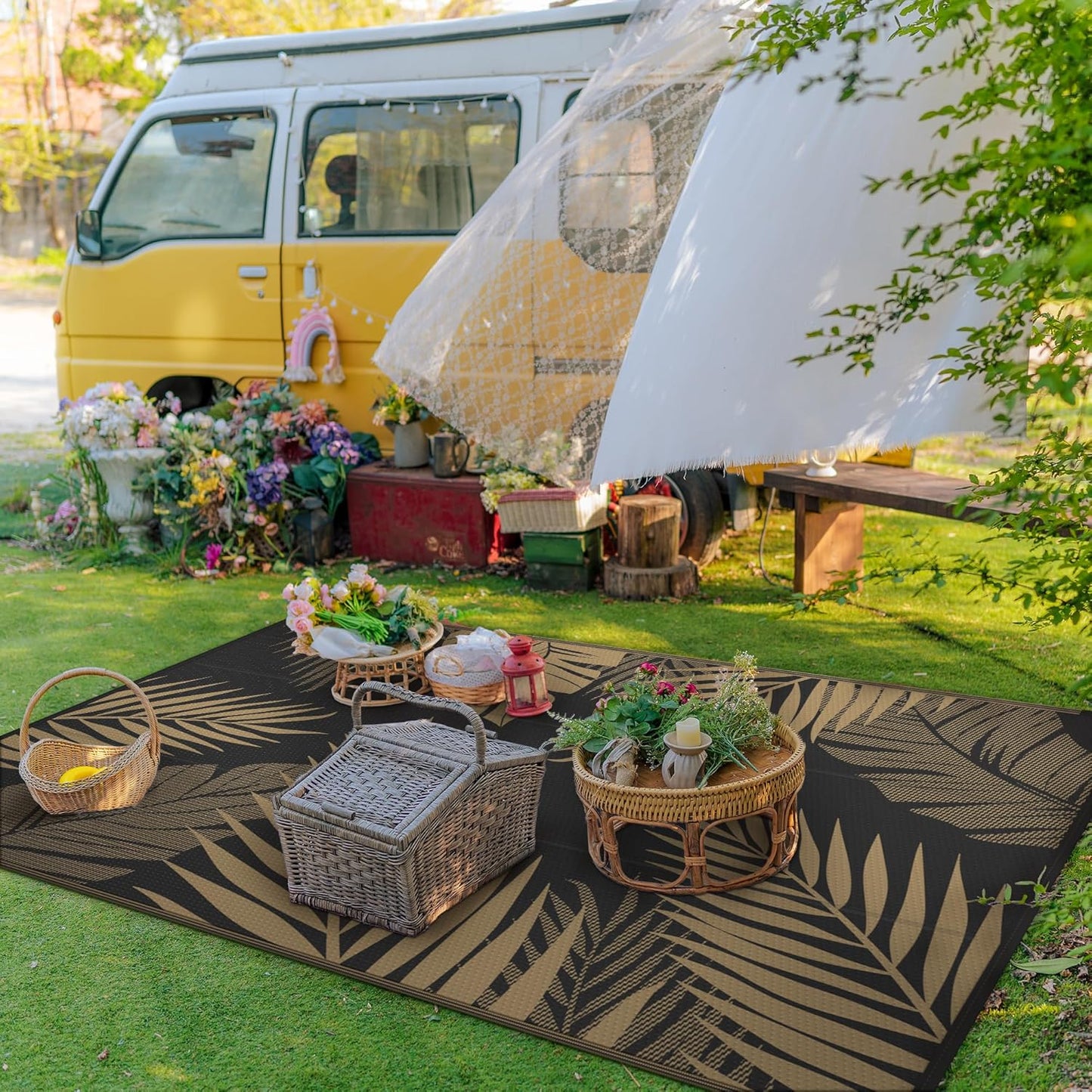 GENIMO Outdoor Rug 6' x 9' Waterproof for Patios Clearance, Reversible Outdoor Plastic Straw Camping Rug Carpet, Large Area Rugs Mats for RV, Camper, Deck, Balcony, Porch, Beach, Picnic, Black&Brown