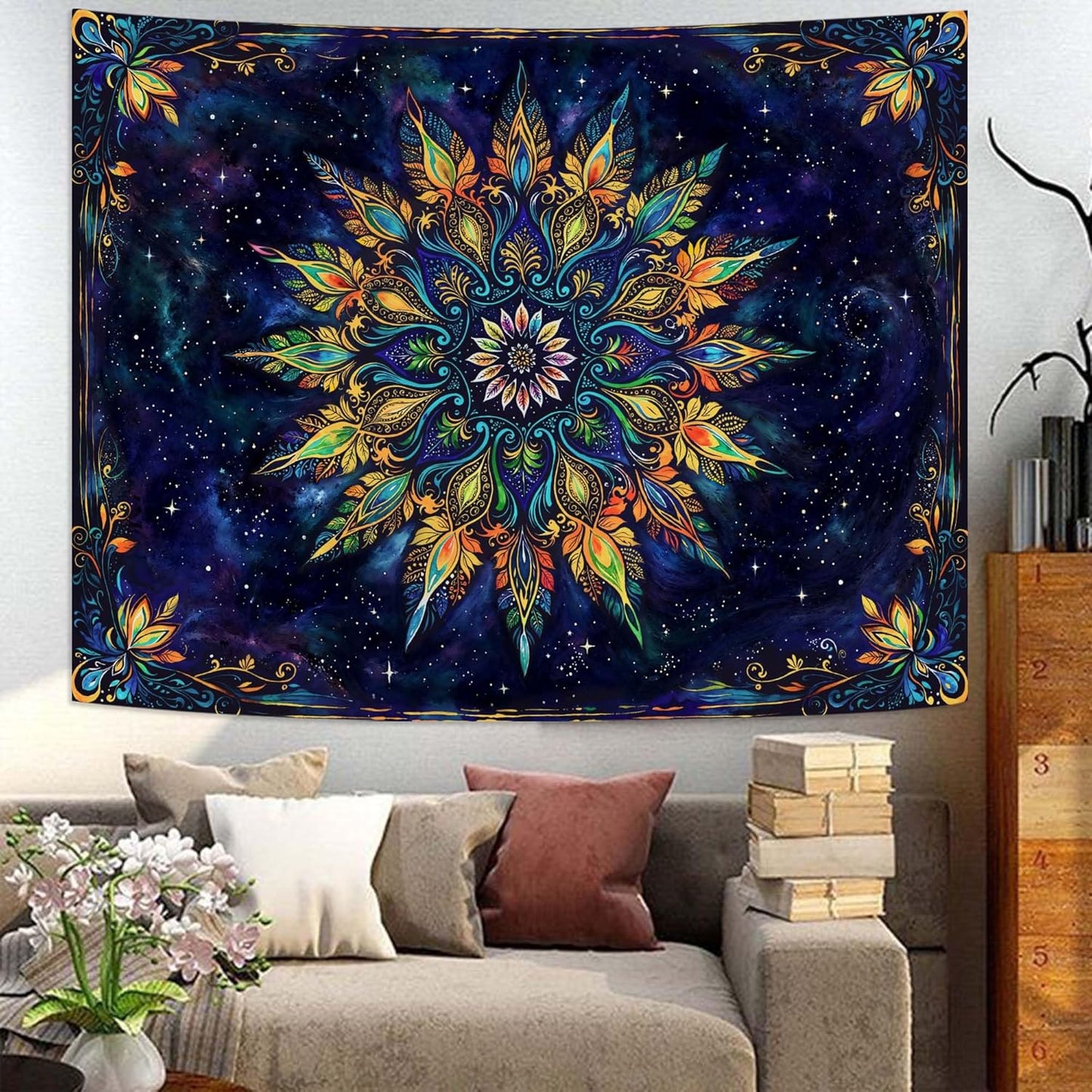 Fowocu Boho Floral Mandala Tapestry for Bedroom Aesthetic Blue Bohemian Colorful Flower Wall Tapestry Purple Hippie Indian Small Tapestries Wall Hanging for Living Room Dorm Decor 40 x 30 Inch