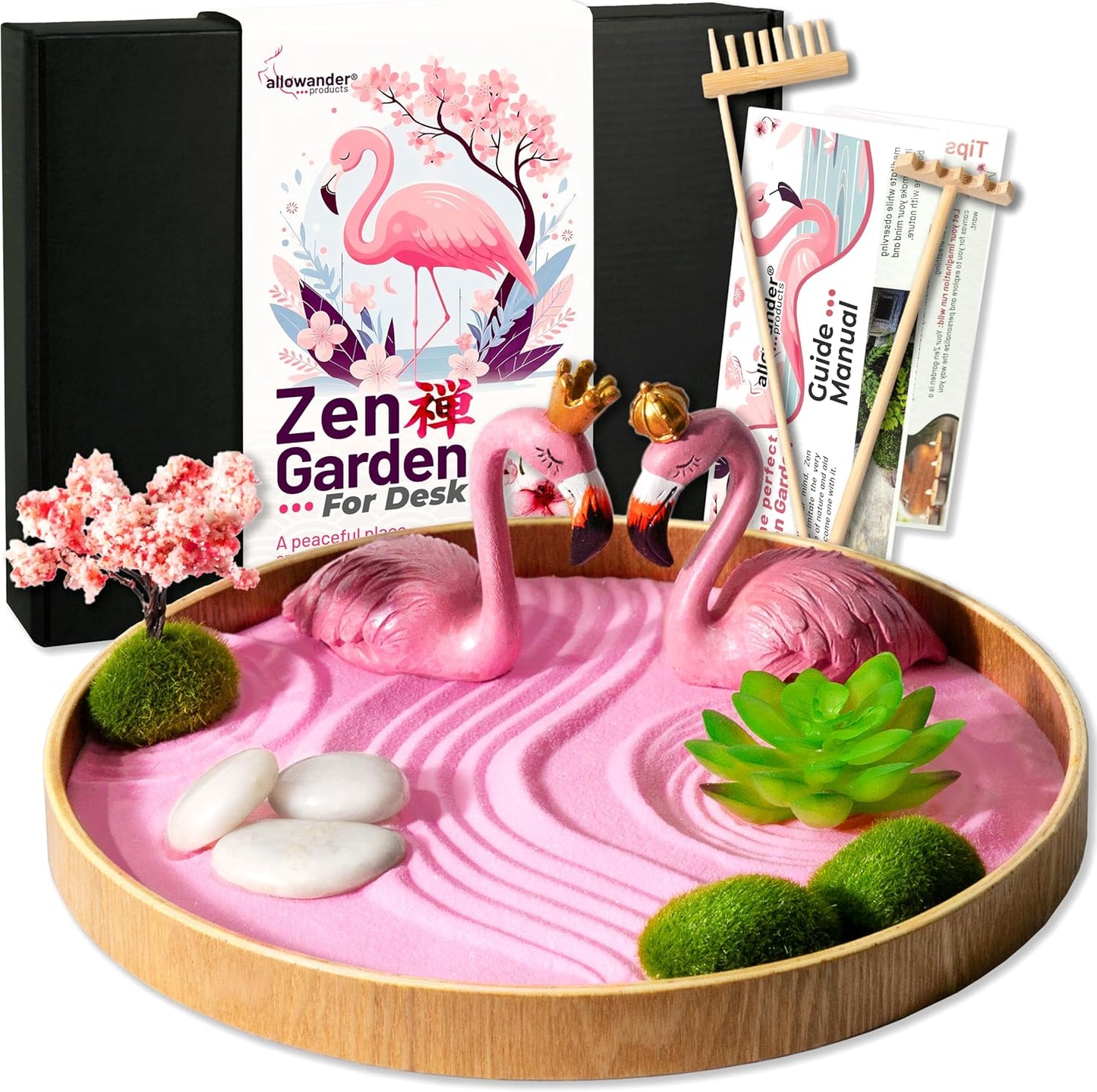 Flamingo Zen Garden Kit for Desk, Cute Japanese Flamingos Gifts for Women, Mini Zen Garden Sand Tray, Pink Room Decor Aesthetic, Home Office Desk Decorations, Sand Therapy Kit