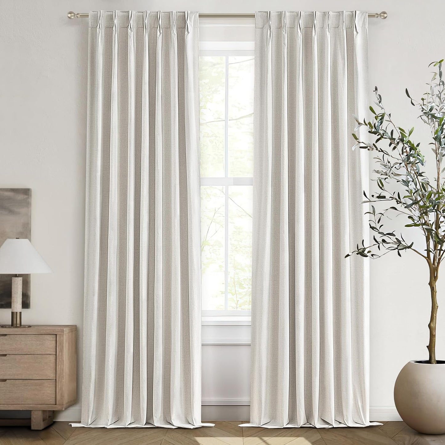 102 Inch Long Curtains Blackout for Bedroom 80 Inches Wide Total Each 40 2 Panels Pinch Pleated Linen Neutral Modern Farmhouse Style Window Drapes for Living Room Back Tab (Beige Ivory)