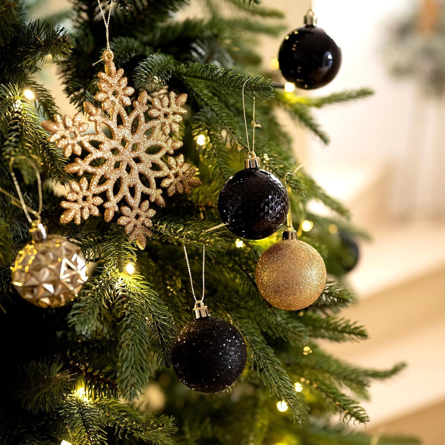 Valery Madelyn Christmas Tree Decorations Ornament Set for Fall Halloween, 50ct 2 Inches Black and Gold Shatterproof Christmas Ball Ornaments Hanging Xmas Holiday Party Decor