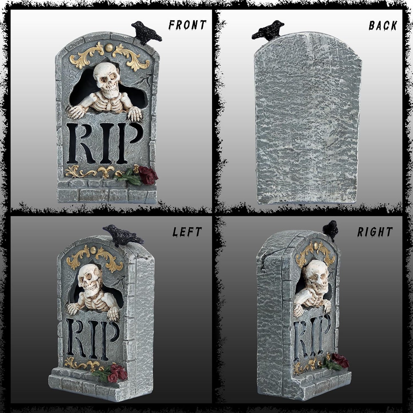 Halloween Decoration Indoor 7.6″ Tombstone Statue with LED Lights Spooky Skull Head Gravestone Skeleton RIP Lighting Changes Halloween Village for Table Shelf Home Party Outdoor Decor Gifts