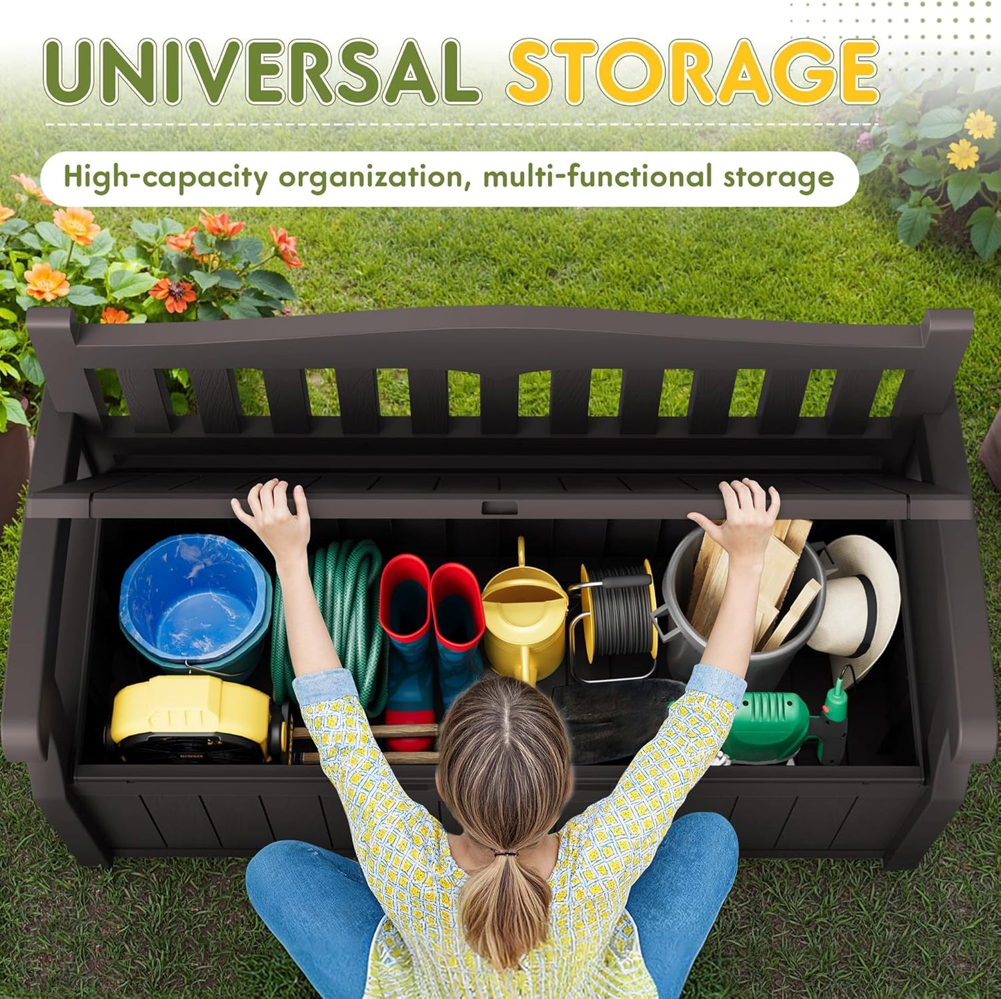 Greesum 80 Gallon Storage Bench Outdoor Deck Box with Armrest, Patio Furniture,Lockable, Waterproof and UV Resistant, Suitable for Garden, Pool, Brown