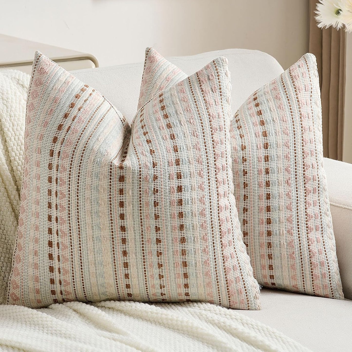 FUTEI Pink Blue Decorative Throw Pillow Covers 24x24 Inch Set of 2,Soft Cozy Chenille Jacquard Textured Euro Pillow Shams,Boho Home Decor for Couch Bed Living Room