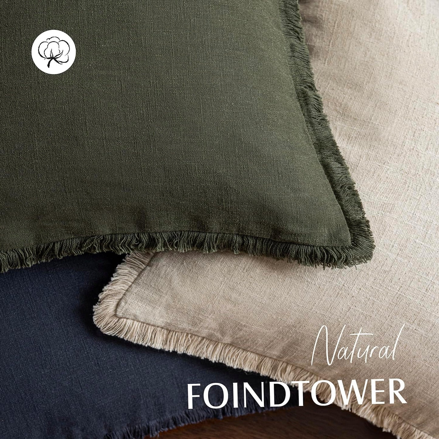 Foindtower Set of 2 Decorative Linen Fringe Throw Pillow Covers Cozy Farmhouse Cushion Cover with Tassels Accent Pillowcase for Couch Chair Sofa Bed Living Room Home Decor,22×22 Inch,Dark Olive Green