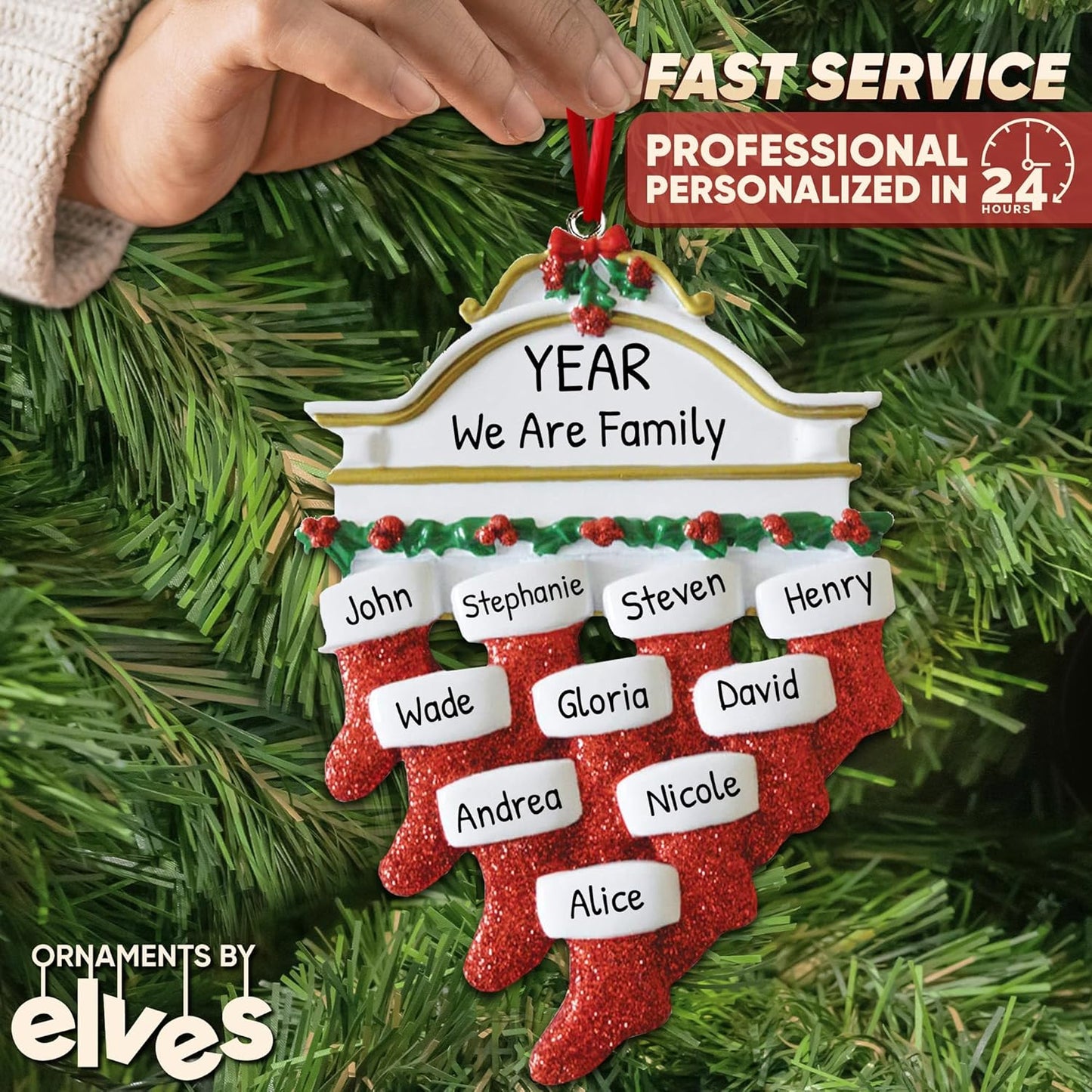 3D Fireplace Mantle Family of 10 Christmas Ornament 2025 Personalized Family Christmas Ornaments 2025 | Holiday Garland Personalized Tree Ornaments Customizable Gifts of Red Stockings of Ten Ornament