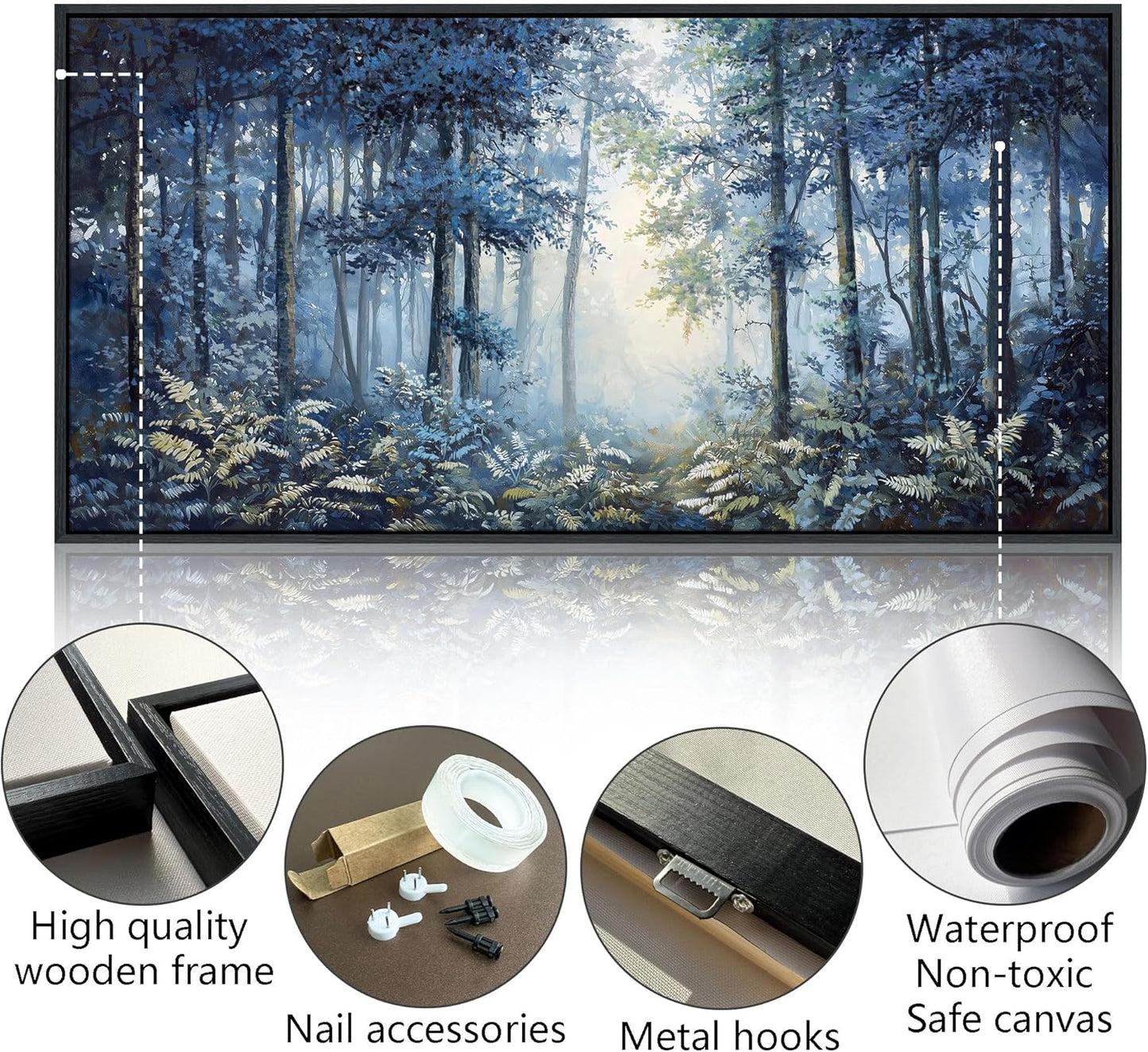 Forest Canvas Wall Art for Living Room - Navy Blue Bedroom Wall Art, Landscape Pictures Wall Decor, Forest Painting, Framed Nature Tree Artwork Walls 29×58IN