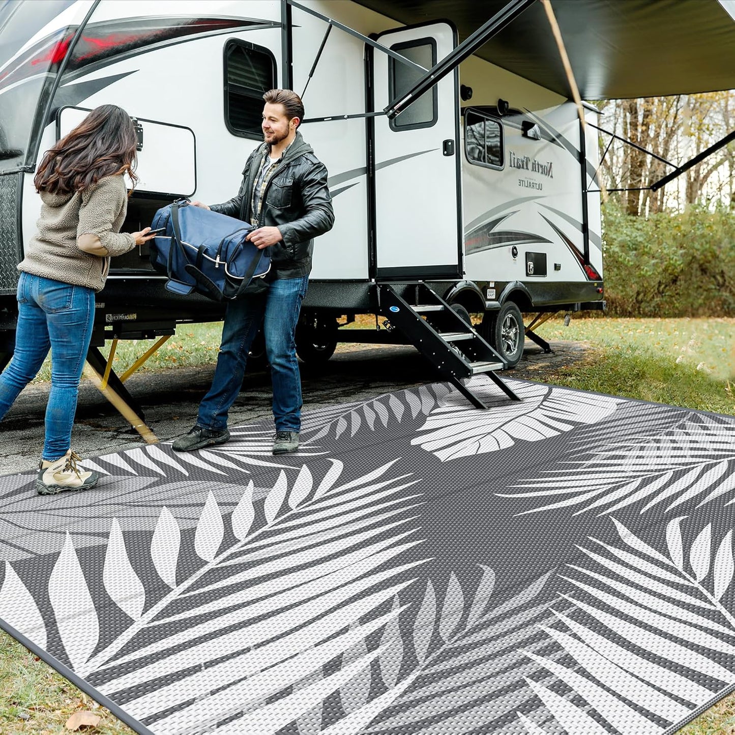 GENIMO Outdoor Rug 10' x 10' Waterproof for Patios Clearance, Reversible Outdoor Plastic Straw Camping Rug Carpet, Large Area Rugs Mats for RV, Camper, Deck, Balcony, Porch, Beach, Picnic, Grey&White