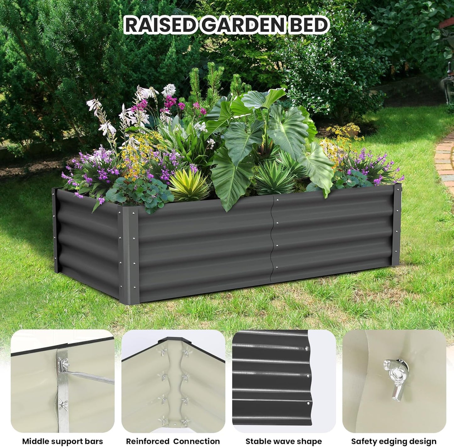 Galvanized Raised Garden Bed Outdoor, 2 Pcs 6x3x1FT Outdoor Large Planter Raised Beds Open Base with Safety Edge and Glove for Vegetables Flowers Ground Planter, Dark Gray