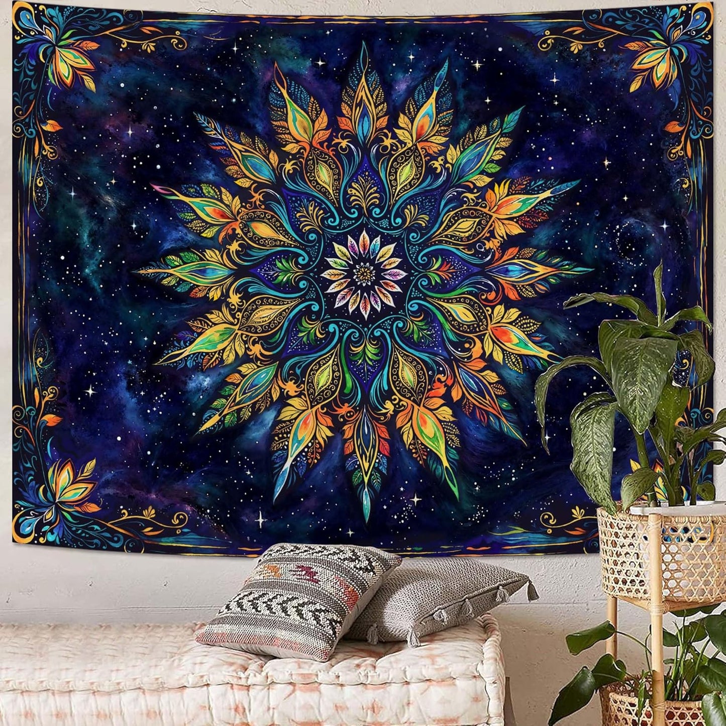 Fowocu Boho Floral Mandala Tapestry for Bedroom Aesthetic Blue Bohemian Colorful Flower Wall Tapestry Purple Hippie Indian Large Tapestries Wall Hanging for Living Room Dorm Decor 80 x 60 Inch