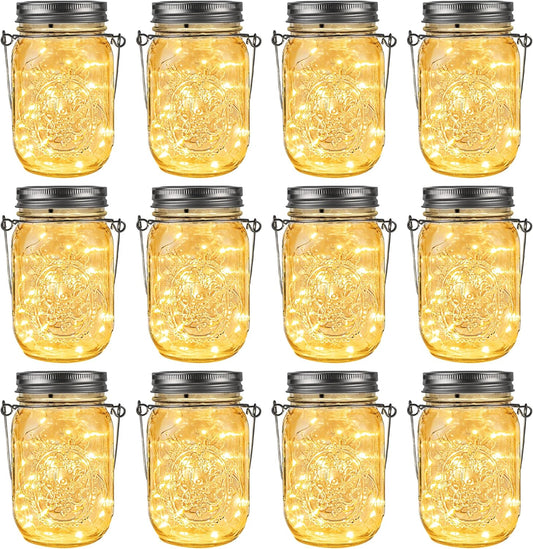 GIGALUMI Solar Mason Jar Lights, 12 Pack 30 Led String Fairy Lights Garden Lights Outdoor Waterproof Metal Lid Hanging Solar Lanterns for Outdoor, Garden, Patio, Lawn, Balcony Decoration