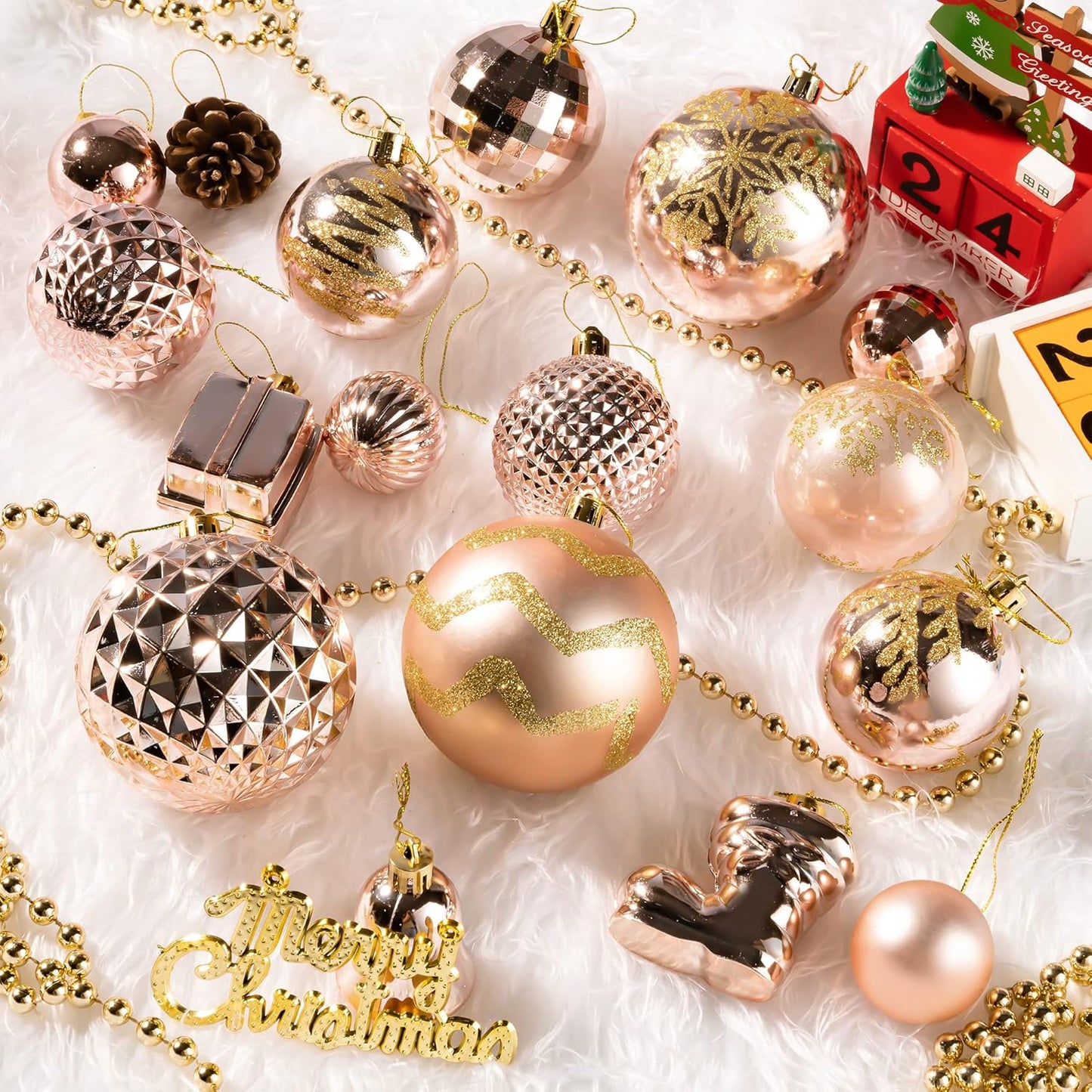 Rose Gold Christmas Ball Ornaments - 116Pc Shatterproof Hanging Decoration Set with Gift Box, Assorted Baubles for Xmas Tree/Home/Wedding/Party/Holiday