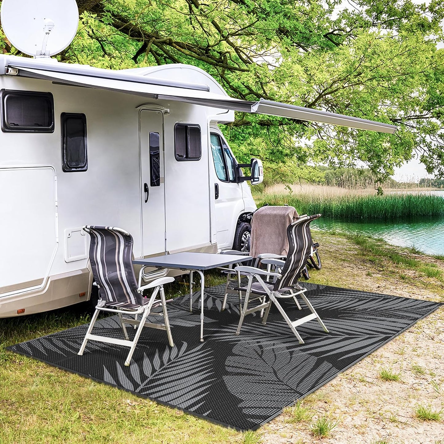 GENIMO Outdoor Rug 5' x 8' Waterproof for Patios Clearance, Reversible Outdoor Plastic Straw Camping Rug Carpet, Large Area Rugs Mats for RV, Picnic, Backyard, Deck, Balcony, Porch, Beach, Black&Grey