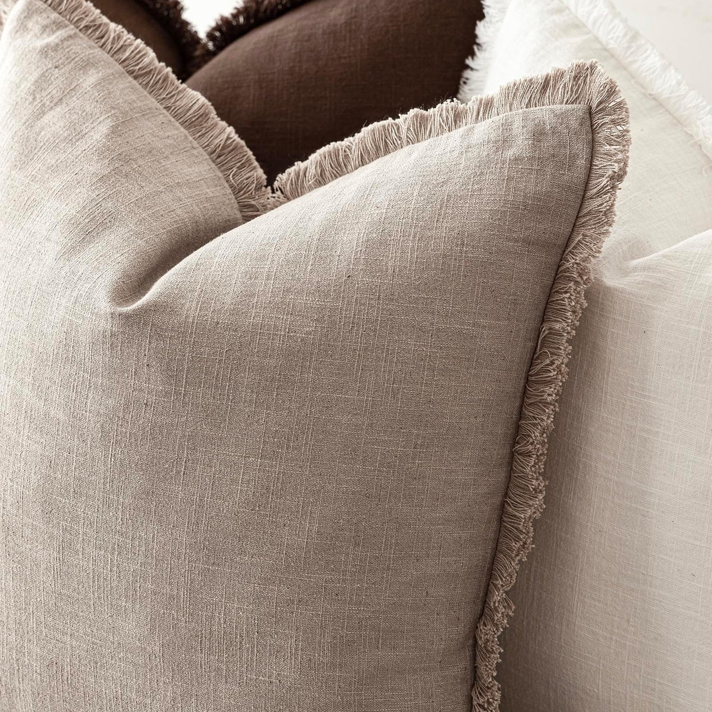 Foindtower Set of 2 Decorative Linen Fringe Throw Pillow Covers Farmhouse Cushion Cover with Tassels Soft Accent Pillowcase for Couch Chair Sofa Bed Living Room Home Decor,22×22 Inch,Natural Linen
