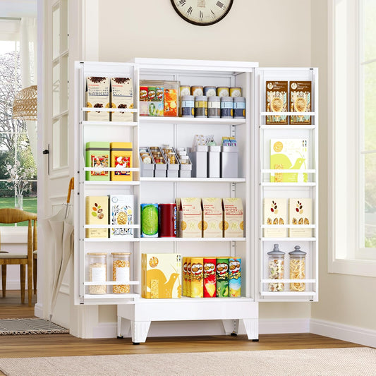 51" Metal Kitchen Pantry Cabinet, Storage Cabinets with 2 Door and 3 Adjustable Shelves, White Freestanding Food Storage Cabinet, Steel Cupboard for Kitchen Dinning Room