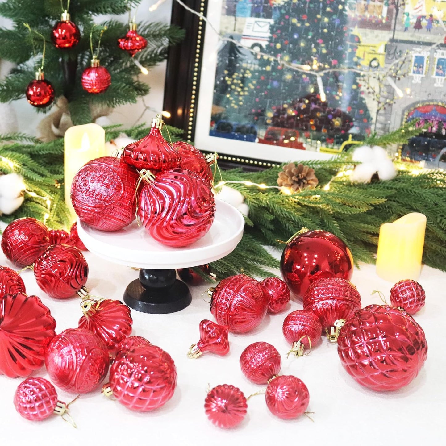 Christmas Ornaments Set with 60pcs Shatterproof Christmas Tree Decorations Multi-Size Christmas Ball Ornaments with 7 Styles Red