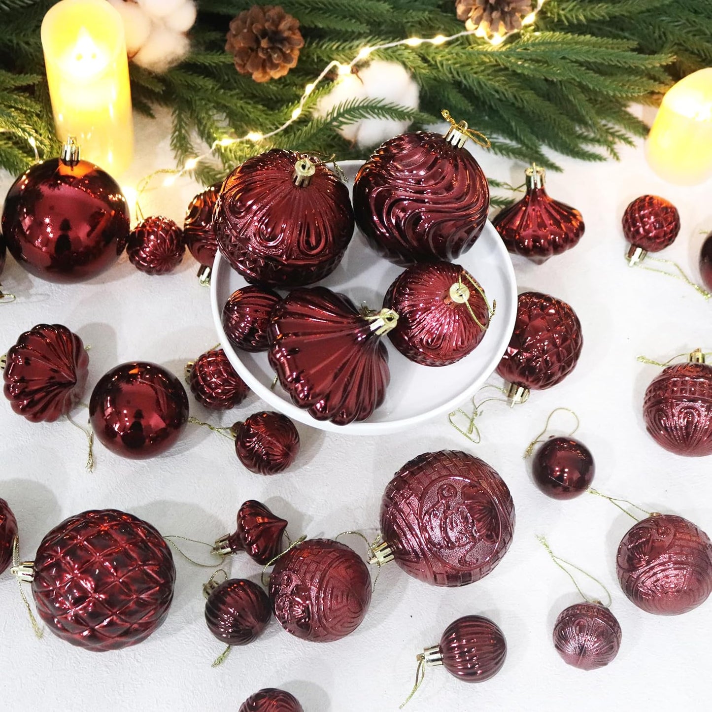 Christmas Ornaments Set with 36pcs Shatterproof Christmas Tree Decorations Multi-Size Christmas Ball Ornaments with 7 Styles Burgundy