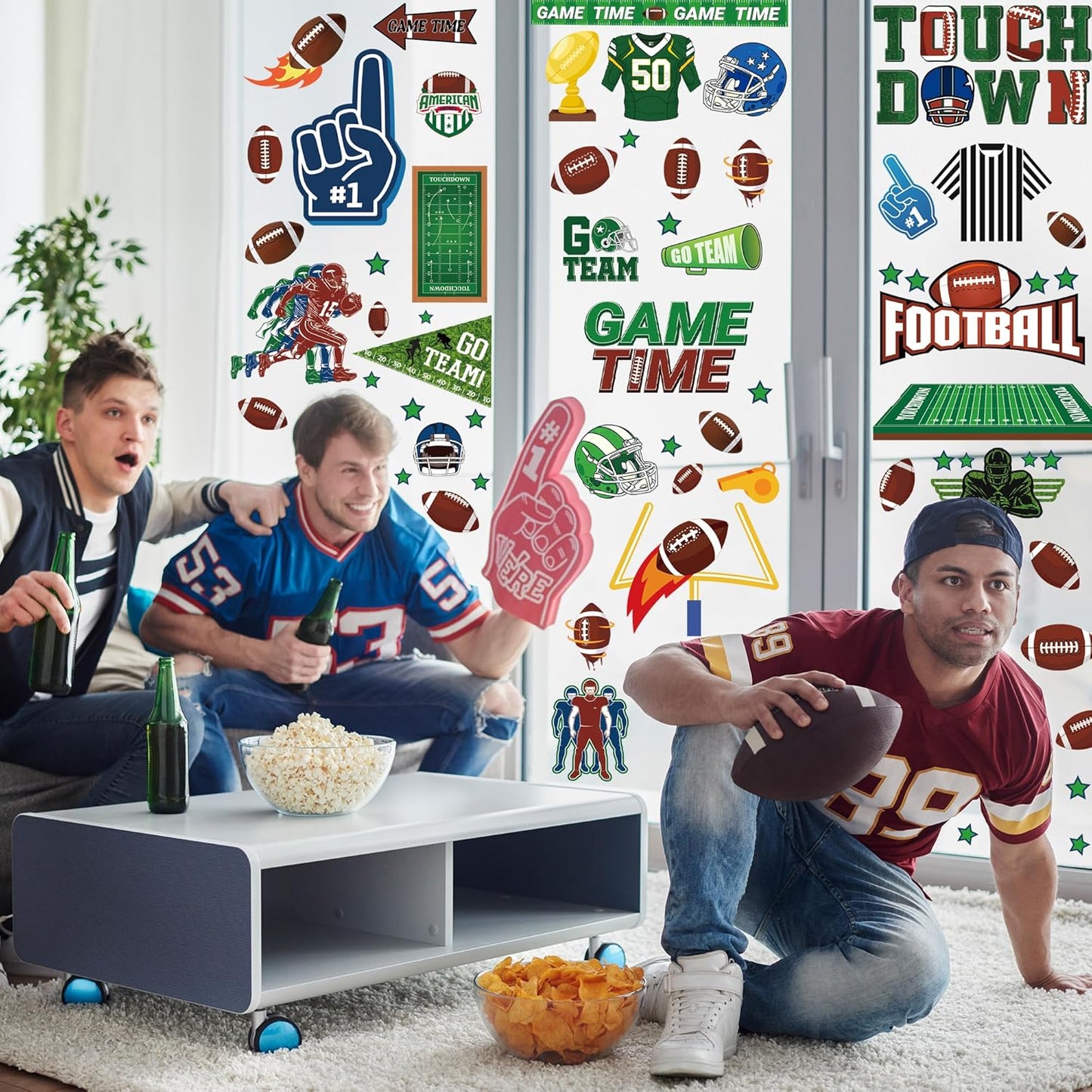 Football Window Clings, Football Party Decorations, Touch Down Party Window Stickers, Green Brown Themed Stickers Decal Gel for Touchdown Party Decor Accessories Set