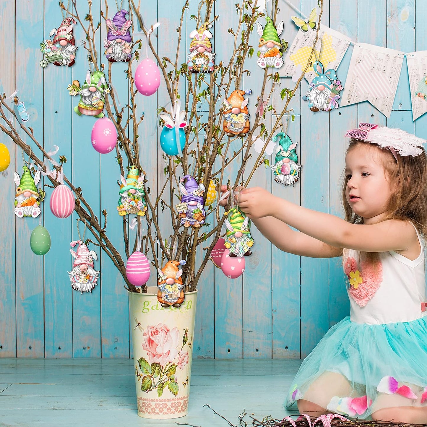 24 Pieces Easter Wooden Gnome Hanging Ornaments Hanging Decor for Easter Tree Decoration Gnomes Bunny Doll Wooden Hanging Craft
