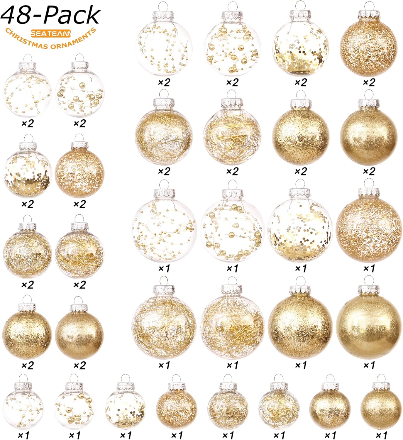 Sea Team Multi-Size Shatterproof Clear Plastic Christmas Tree Ball Ornaments Set, Decorative Hanging Transparent Xmas Baubles with Stuffed Delicate Decorations (48 Counts, Gold)
