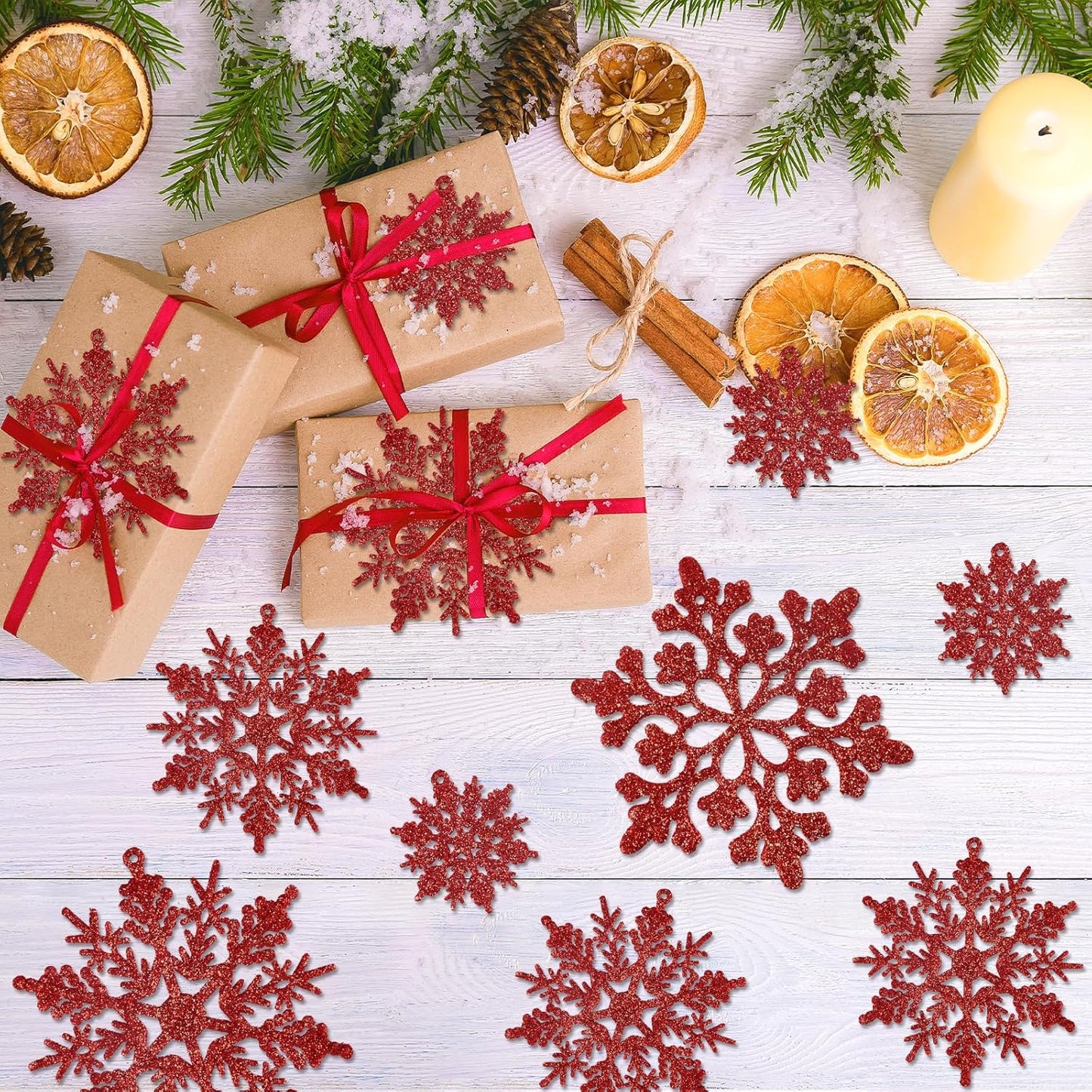36pcs Red Christmas Snowflake Ornaments, Plastic Glitter Hanging Snow Flakes for Christmas Tree Decorations Winter Wonderland Frozen Birthday Party Holiday Home Decor Craft Snowflakes