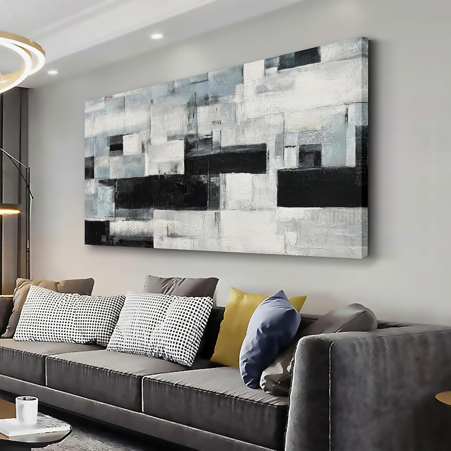 Glvzygy Abstract Wall Art Room Decor Black White and Gray Plaid Minimalism Picture Abstract Art Wall Decor Modern Abstract Wall Art Canvas for Living Room Bedroom Office 20"x40"