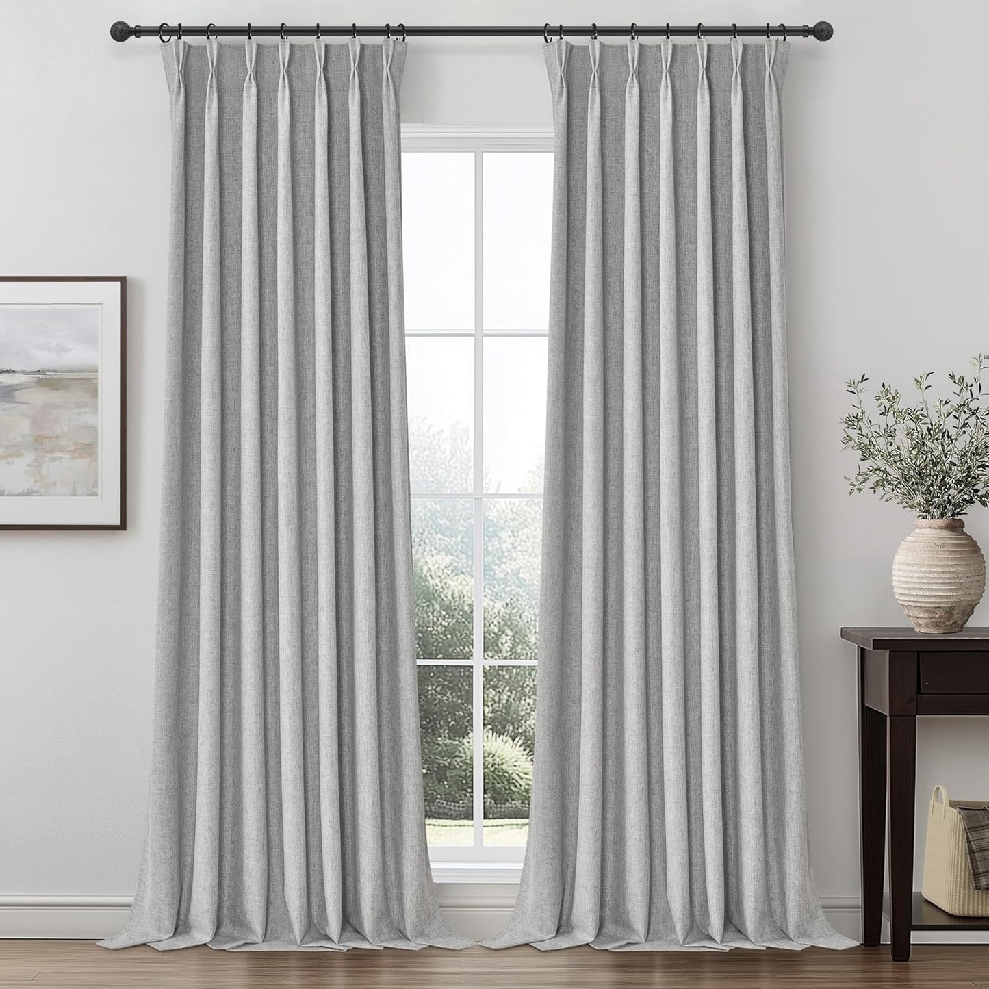 Gray Pinch Pleated 96 Inch Curtains 2 Panel Set for Living Room, Neutral Heavy Linen Blackout Window Drapes Insulated Privacy with Hooks Rings 8 FT Length Sliding Glass Door Viral Burg(40"Wx96"L Grey)