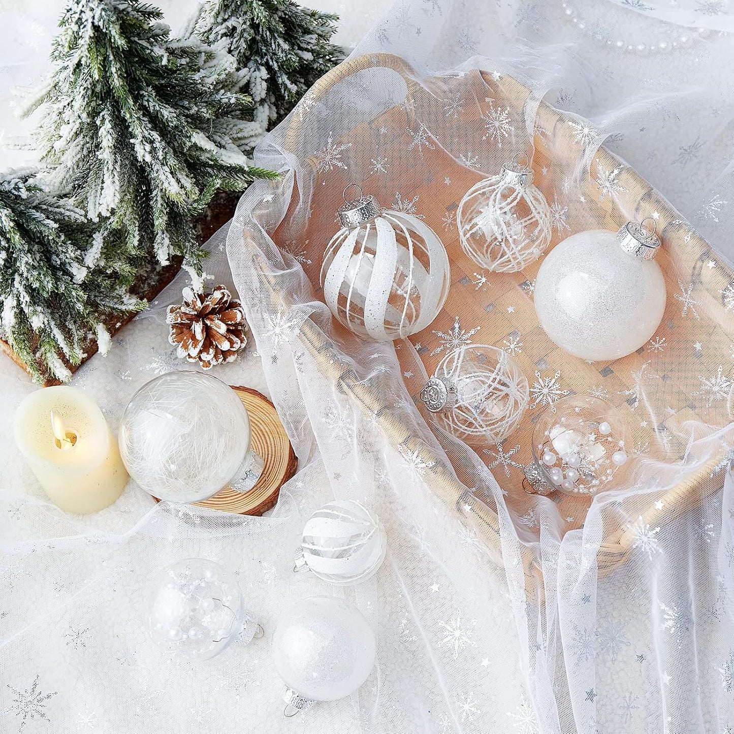 Clear Christmas Ball Ornaments,24ct Shatterproof Plastic Decorative Christmas Ornaments Hanging Xmas Tree Baubles Set with Stuffed Delicate Glittering Decorations for Holiday Party Home Decor(White)