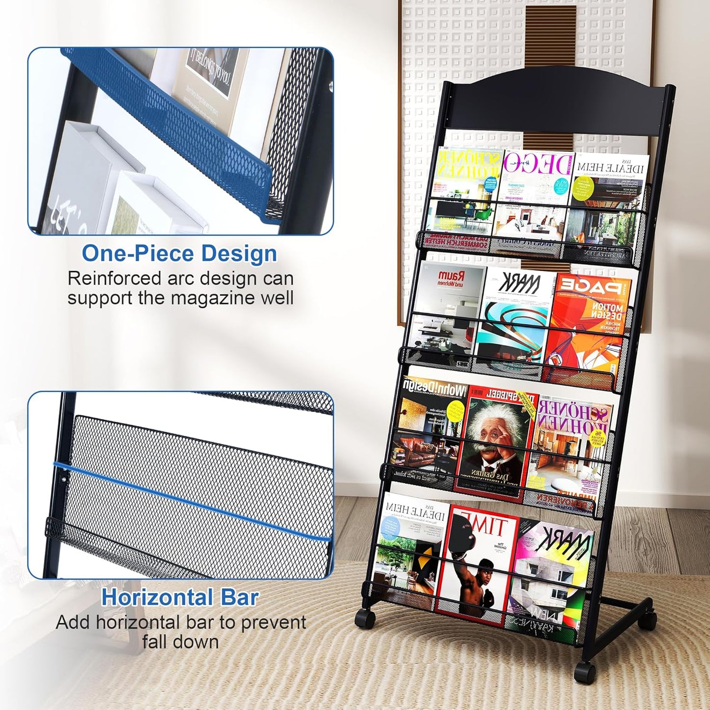 Brochure Display Stand 4 Layer Floor-Standing Magazine Rack Literature Newspaper Catalog Display Holder with Wheels and Top Billboard for Exhibitions,School, Hotel, Hospitals, Offices (Black)