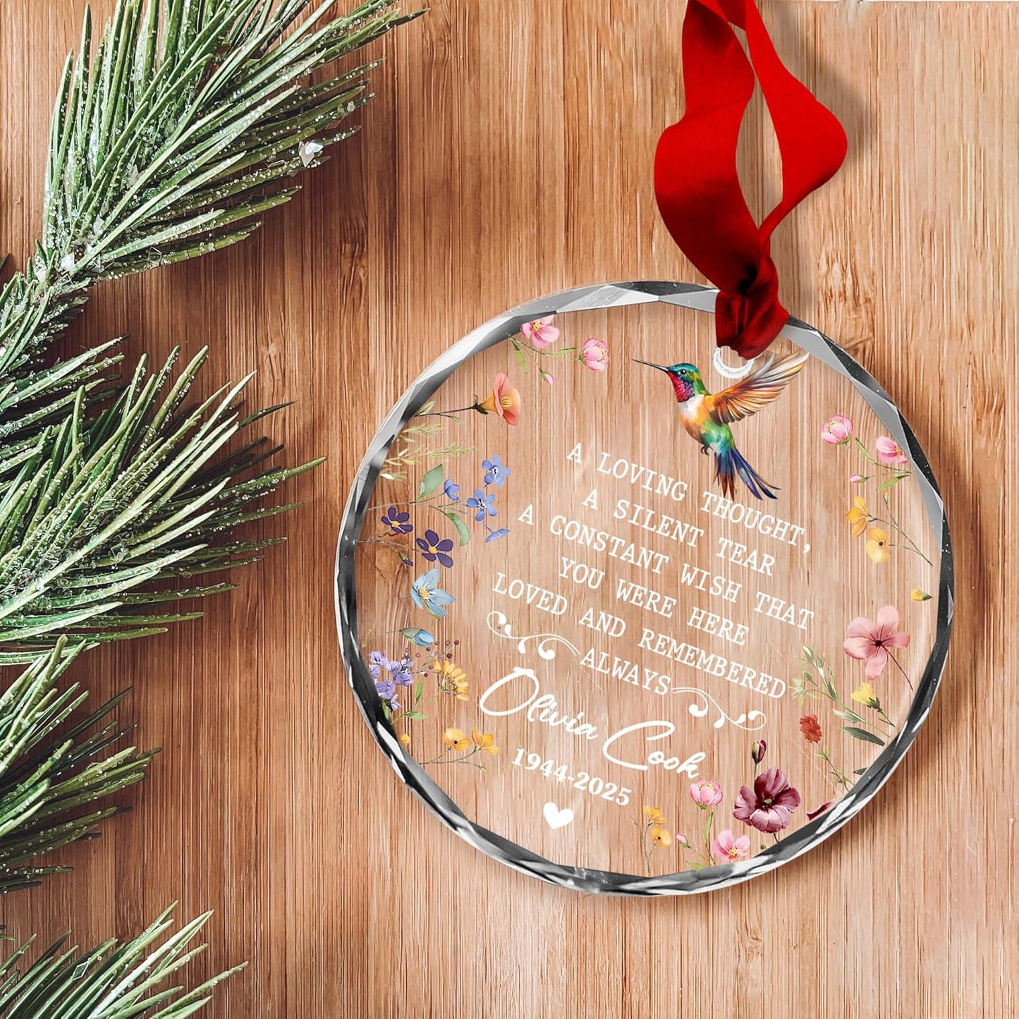 Personalized Memorial Hummingbird Glass Ornament – Custom Photo, Name, Birth Year & Passing Year – “Loved and Remembered Always” Memorial Keepsake for Loss of Loved One 2025