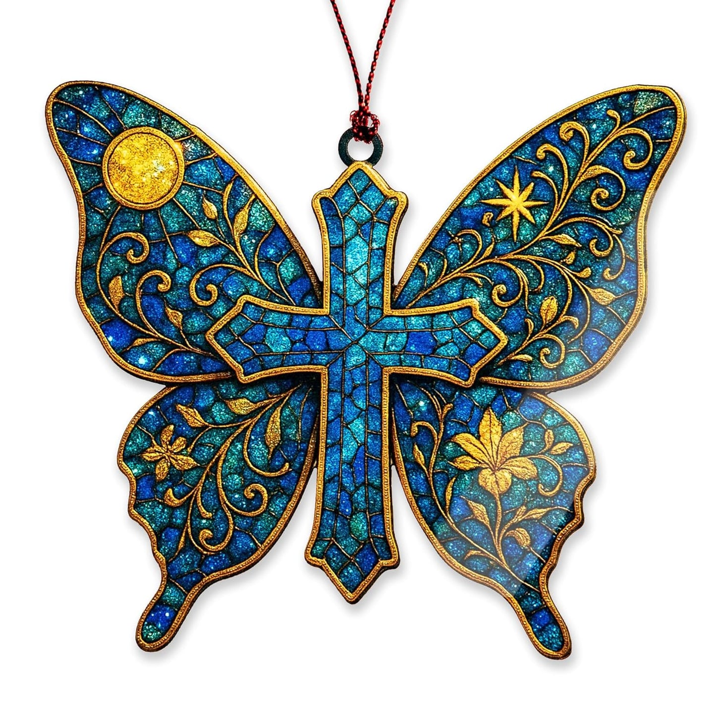 Butterfly Cross Ornament – Christian Memorial Christmas Ornament – Religious Sympathy Gift for Loss of Loved One – Bereavement Keepsake Decoration, Suncatcher Effect stained glass window hanging