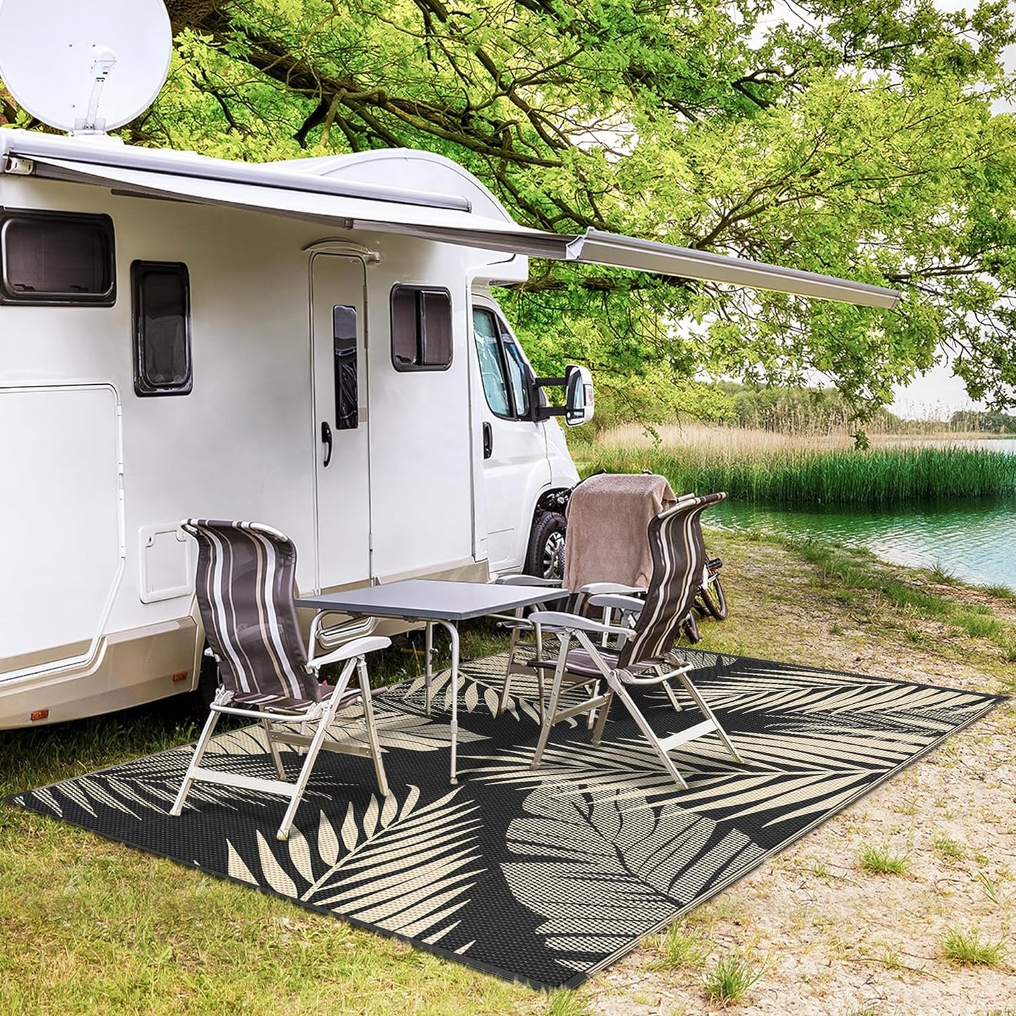 GENIMO Outdoor Rug 8' x 10' Waterproof for Patios Clearance, Reversible Outdoor Plastic Straw Camping Rug Carpet, Large Area Rugs Mats for RV, Camper, Deck, Balcony, Porch, Beach, Picnic, Black&Beige