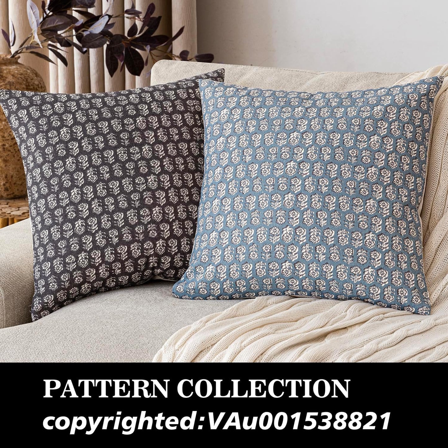 Foindtower Set of 2 Decorative Neutral Floral Print Throw Pillow Covers Vintage Accent Farmhouse Cushion Covers Boho Home Decor for Sofa Couch Chair Bedroom Living Room Outdoor,22×22 Inch,Dusty Blue