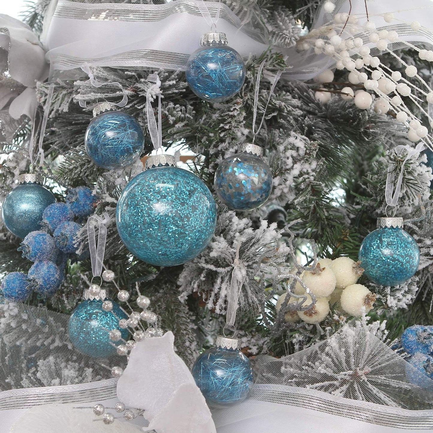 Sea Team Shatterproof Clear Plastic Christmas Ball Ornaments Decorative Xmas Balls Baubles Set with Stuffed Delicate Decorations (50mm/1.97"/30-Pack, Babyblue)