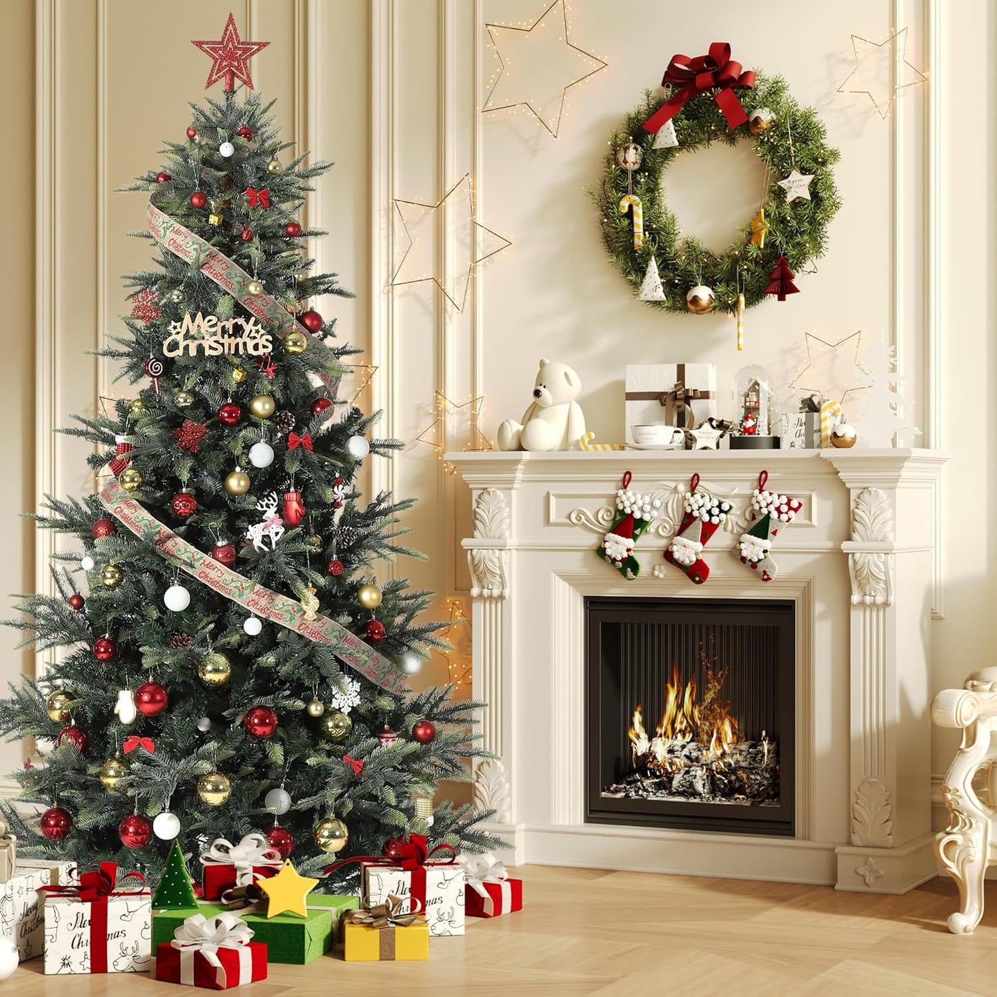 9ft Pre-lit Artificial Christmas Tree,Spruce Prelit Christmas Trees for Home,Office,Party Thickened PE&PVC Branch Tips & UL Listed Lights Incandescent Warm White,Fire-Resistant Automatic Branches