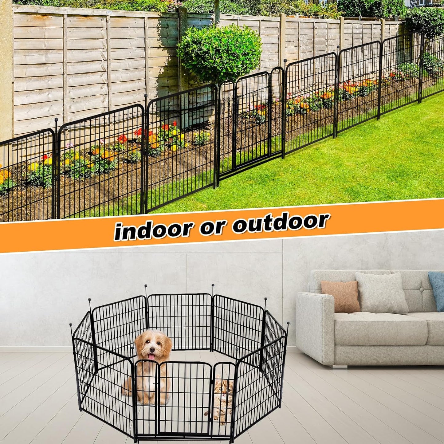 Garden Fence with Gate 48 in(H)×27 in(L) 4 Panels, Heavy Duty Iron Animal Barrier Fence, Rabbit Fence for Garden, Suitable for Indoor Pet Or Outdoor Dog Fencing, Total 8.9 Ft(L), Black