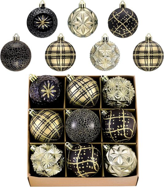 Valery Madelyn Ornaments for Christmas Trees, 9ct 2.36 Inches Black and Gold Shatterproof Christmas Tree Decorations, Luxury Hanging Ball Ornaments for Xmas Holiday Party Decor