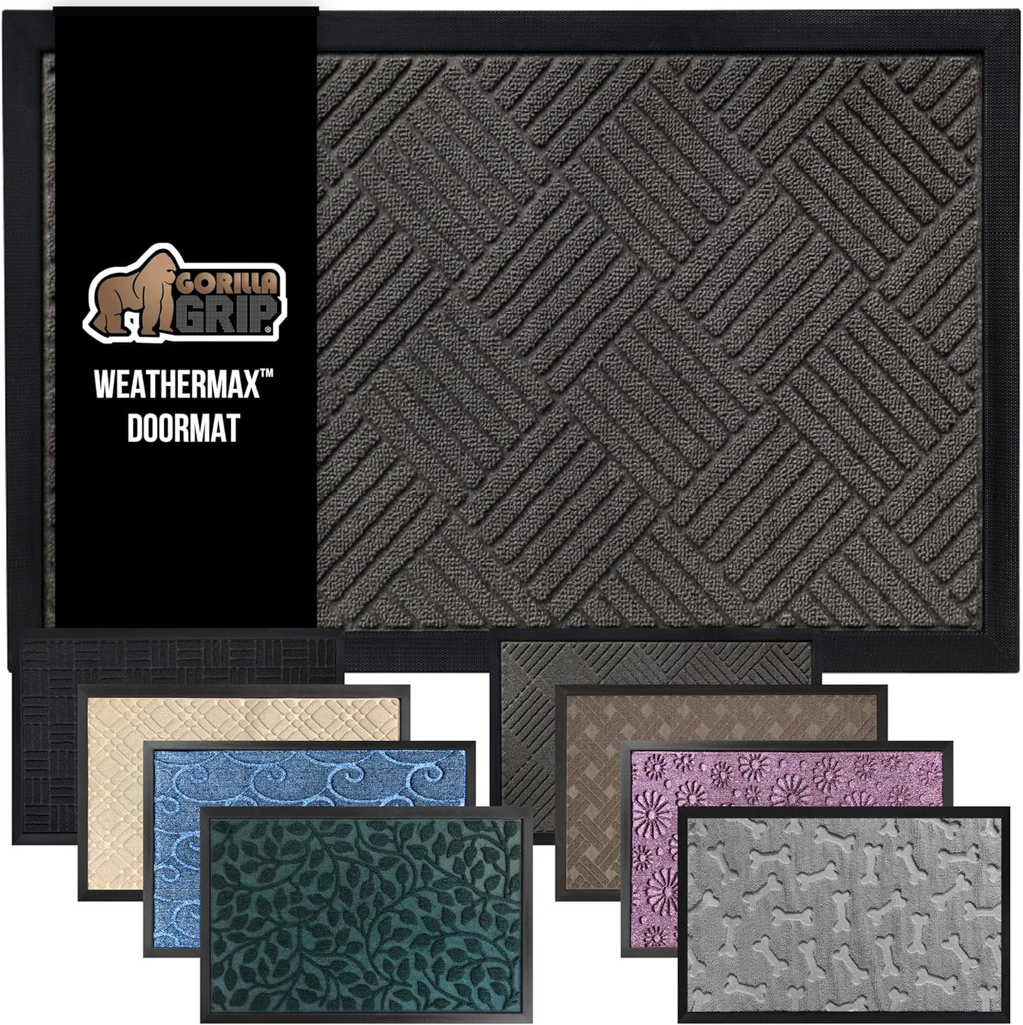 GORILLA GRIP 100% Waterproof All-Season WeatherMax Doormat US Designed Natural Rubber, Stain and Fade Resistant, Low Profile Indoor Outdoor Door Mats, Easy Clean Patio Mat, 17x29, Gray Diamond