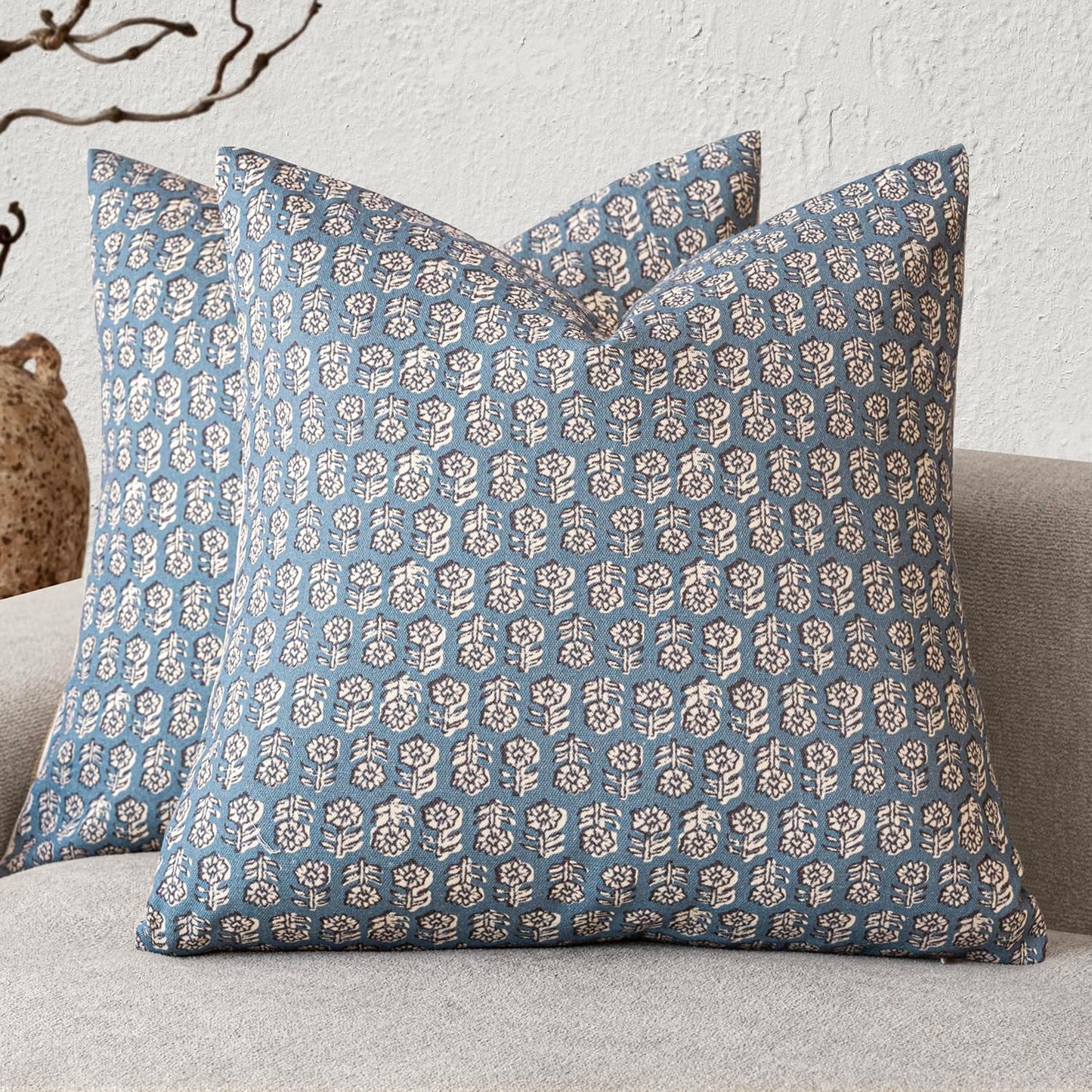 Foindtower Set of 2 Decorative Neutral Floral Print Throw Pillow Covers Vintage Accent Farmhouse Cushion Covers Boho Home Decor for Sofa Chair Couch Bedroom Living Room Outdoor,18×18 Inch,Dusty Blue