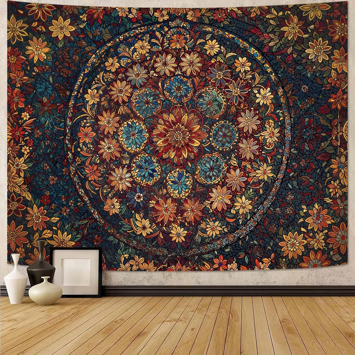 Fowocu Boho Floral Mandala Tapestry Wall Hanging Vintage Bohemian Flower Medallion Tapestry Aesthetic Orange Stained Glass Hippie Large Tapestries for Bedroom Living Room Dorm Decor 80 x 60 Inch