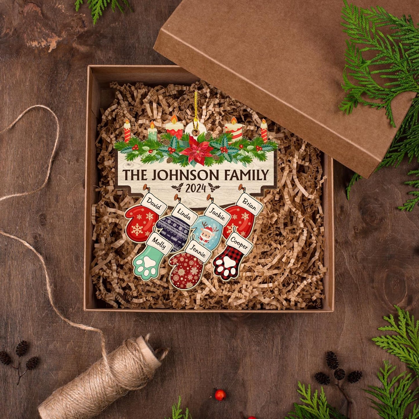 Family with Pet Ver 2 - Personalized Custom Wood Ornament, Family Gloves Christmas Ornament 2024, Xmas Ornament Gifts for Family Tree Decoration (A06, 10 Names)