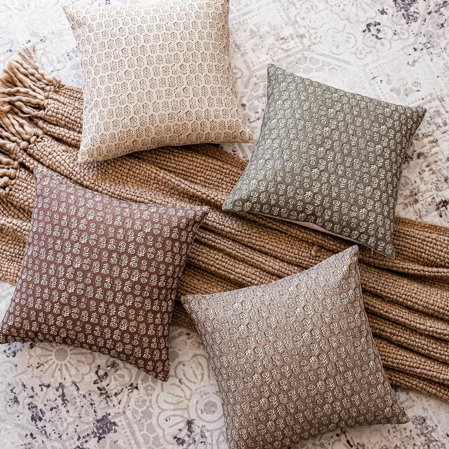 Foindtower Set of 2 Decorative Vintage Floral Print Throw Pillow Covers Neutral Modern Farmhouse Cushion Covers Boho Home Decor for Sofa Couch Chair Bedroom Living Room Outdoor,24×24 Inch,Wine Red